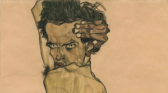 Egon Schiele, Self-Portrait with Arm Twisted above Head, 1910. Watercolor and charcoal.